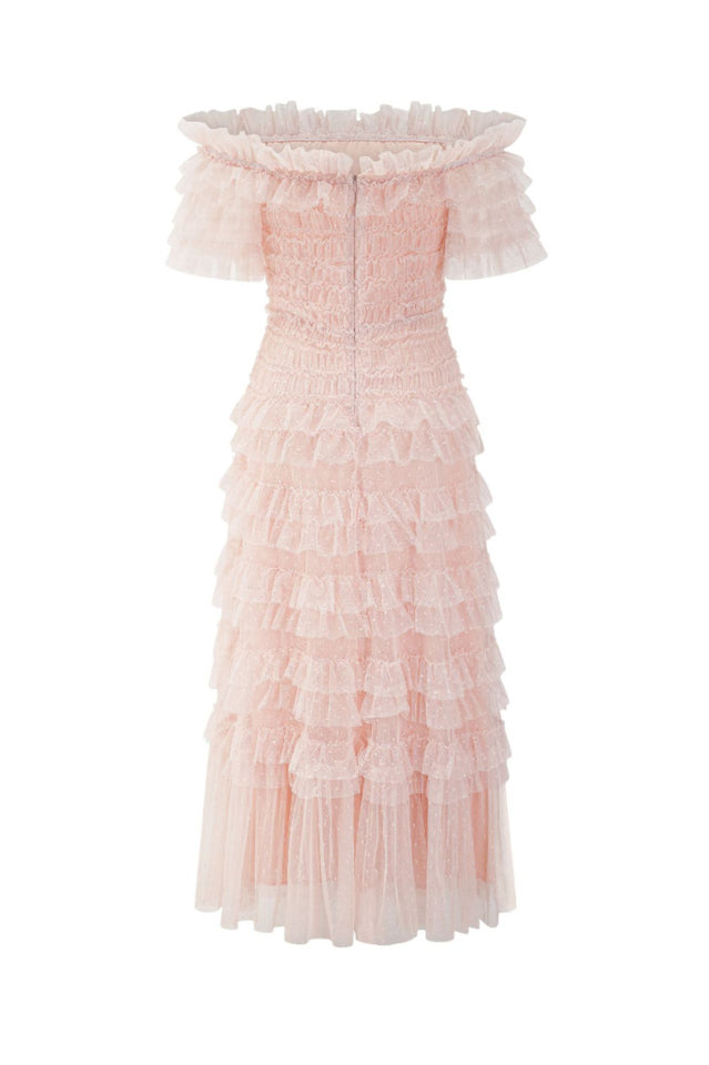 Off Shoulder Dotted Tulle Maxi Dress