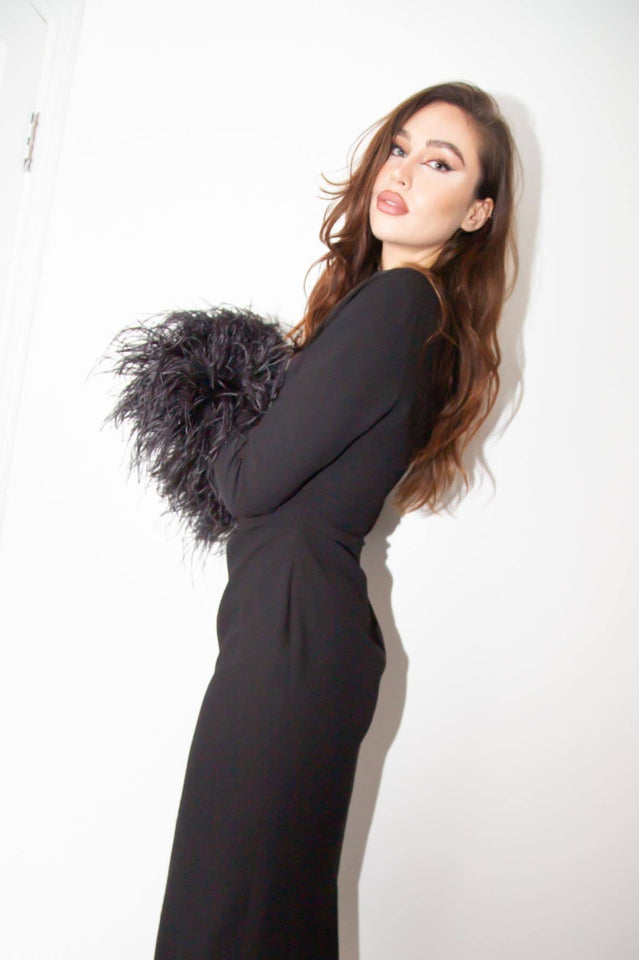 One Sleeve Feather Trim Maxi Dress