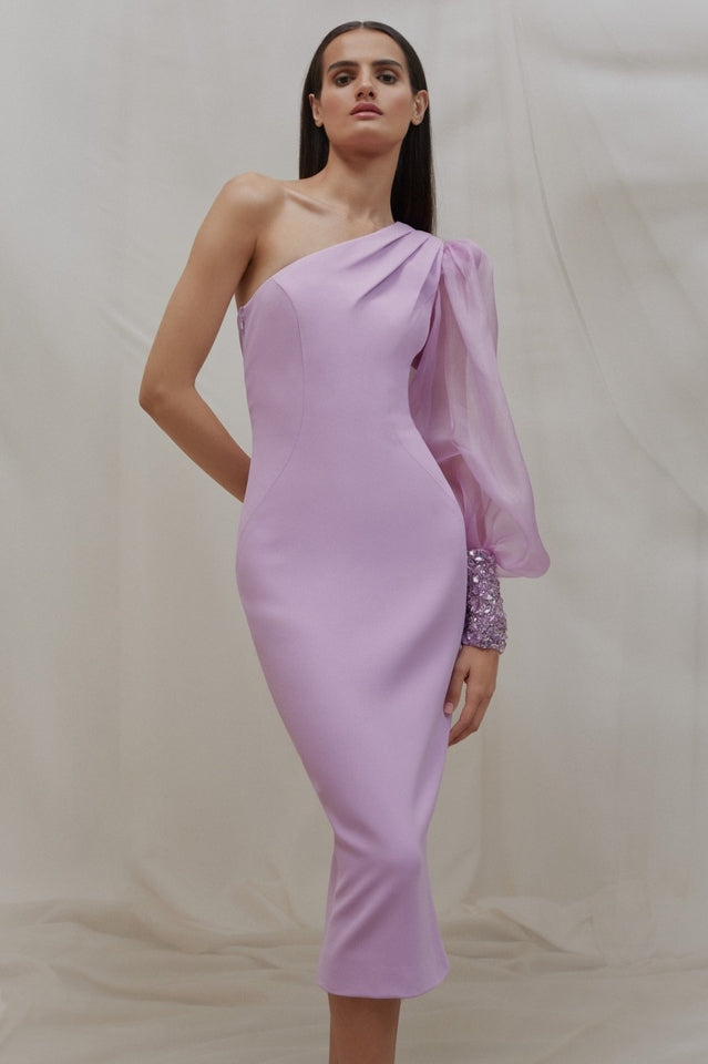 One Sleeve Sequin Detail Midi Dress