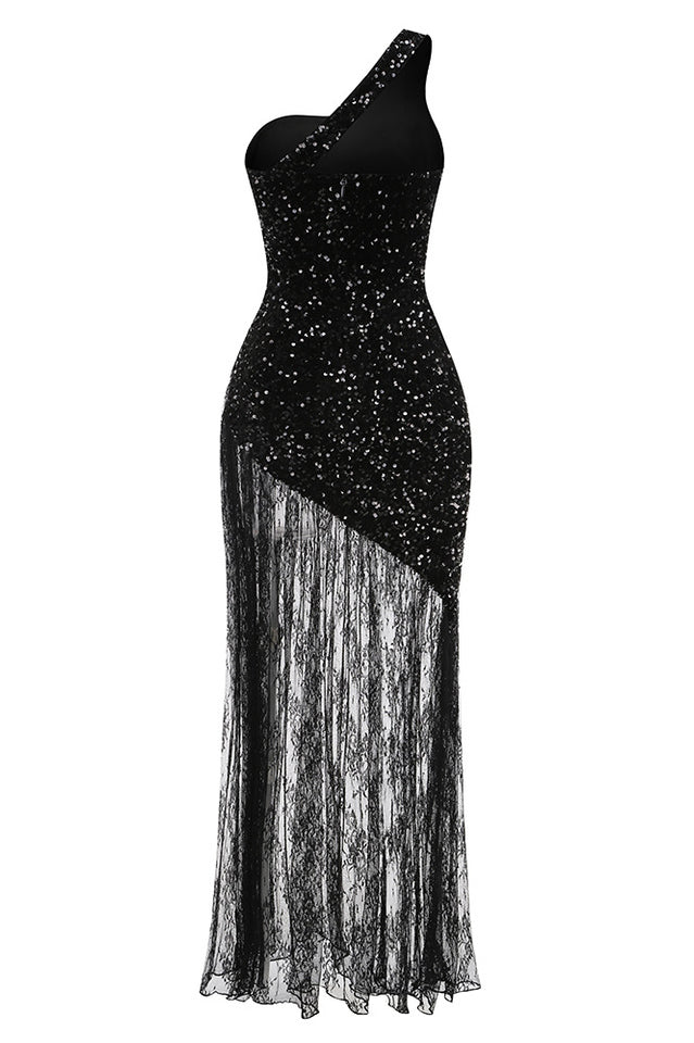 One Shoulder Shiny Sequin Lace Dress