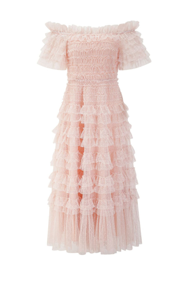 Off Shoulder Dotted Tulle Maxi Dress