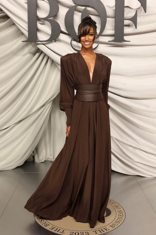 Rosey Tan Maxi Dress With Waist Belt