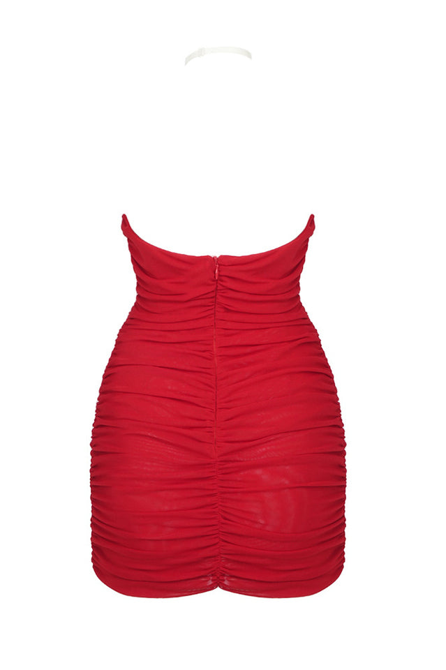 Rose-Appliqué Ruched Mini Dress
