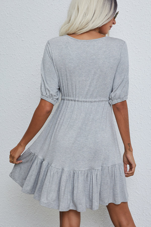 V Neck Drawstring Waist Solid Casual Mini Dress