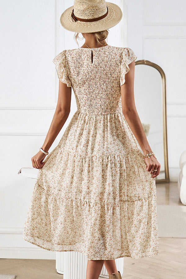 Floral Print Smocked Round Neck Casual Dress