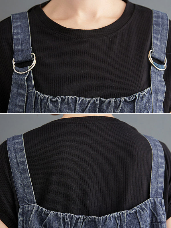 Vintage Loose Artistic Retro Solid Color Strap Denim Midi Dress