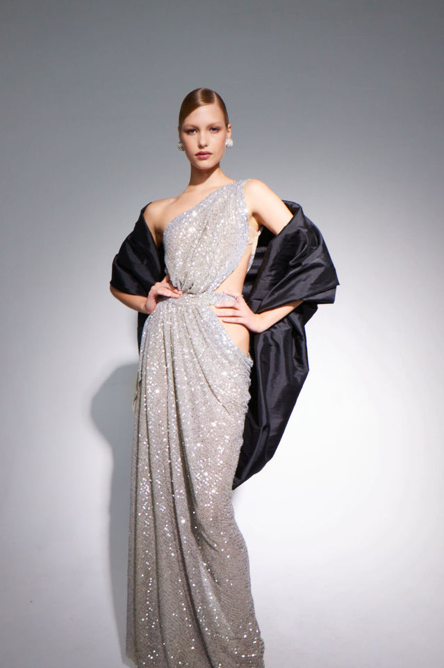One Shoulder Sequins Cut Out Split Maxi Dress