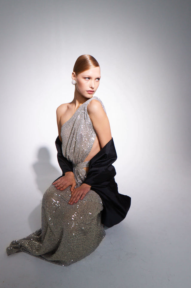 One Shoulder Sequins Cut Out Split Maxi Dress