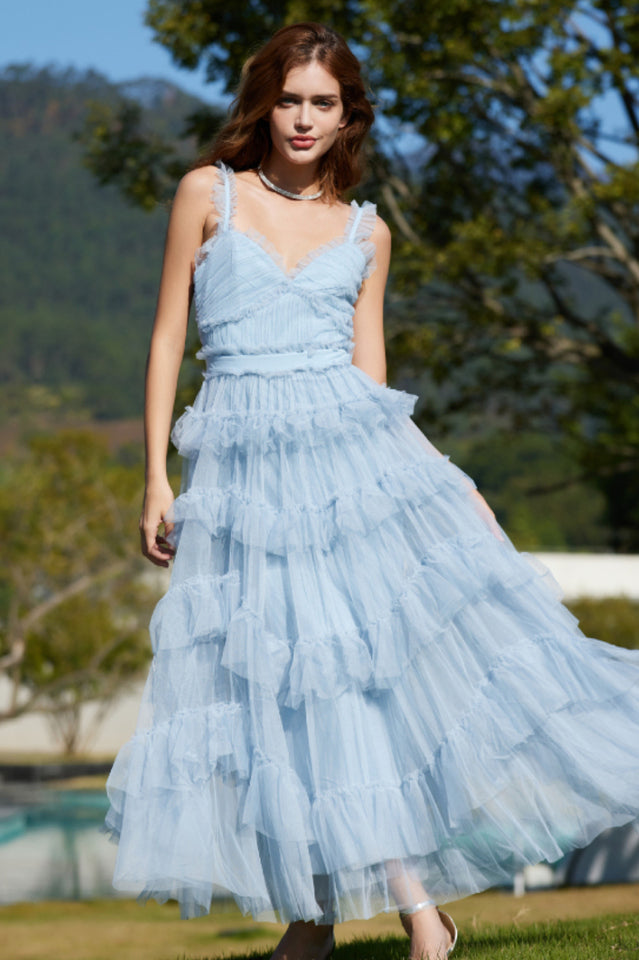 Ruffle V Neck Tiered Tulle Evening Dress