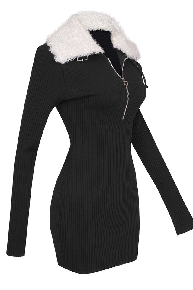 Fluffy Collared Zip Detailed Knit Dress