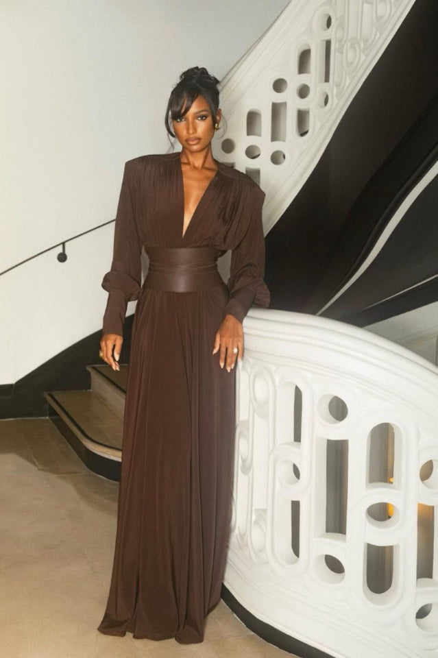 Rosey Tan Maxi Dress With Waist Belt