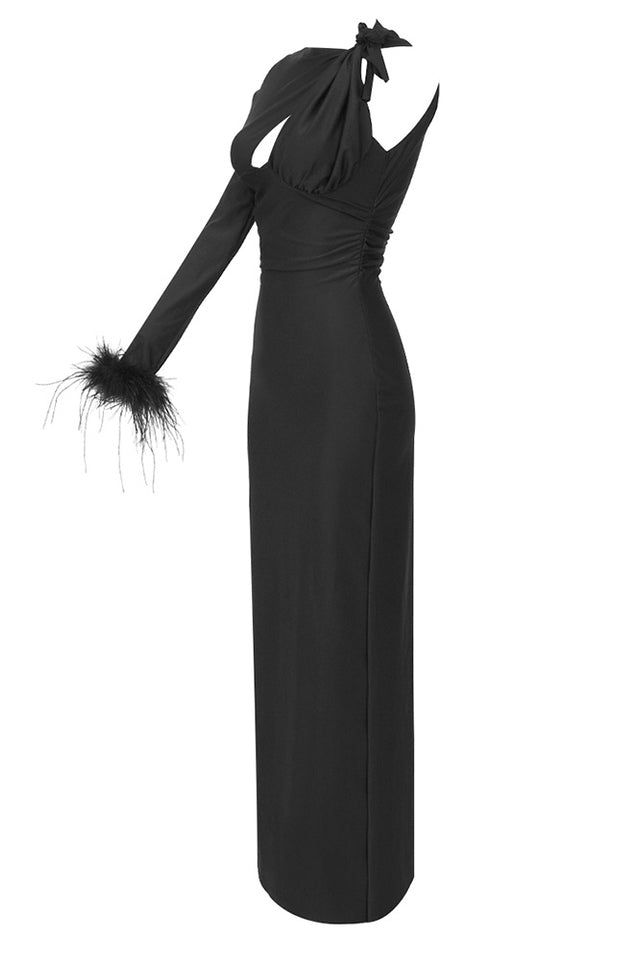 One Sleeve Feather Trim Maxi Dress