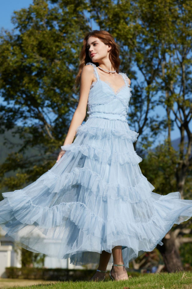 Ruffle V Neck Tiered Tulle Evening Dress
