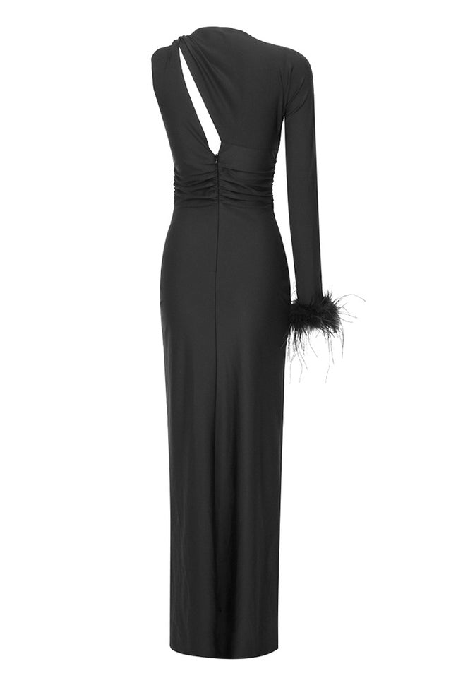 One Sleeve Feather Trim Maxi Dress
