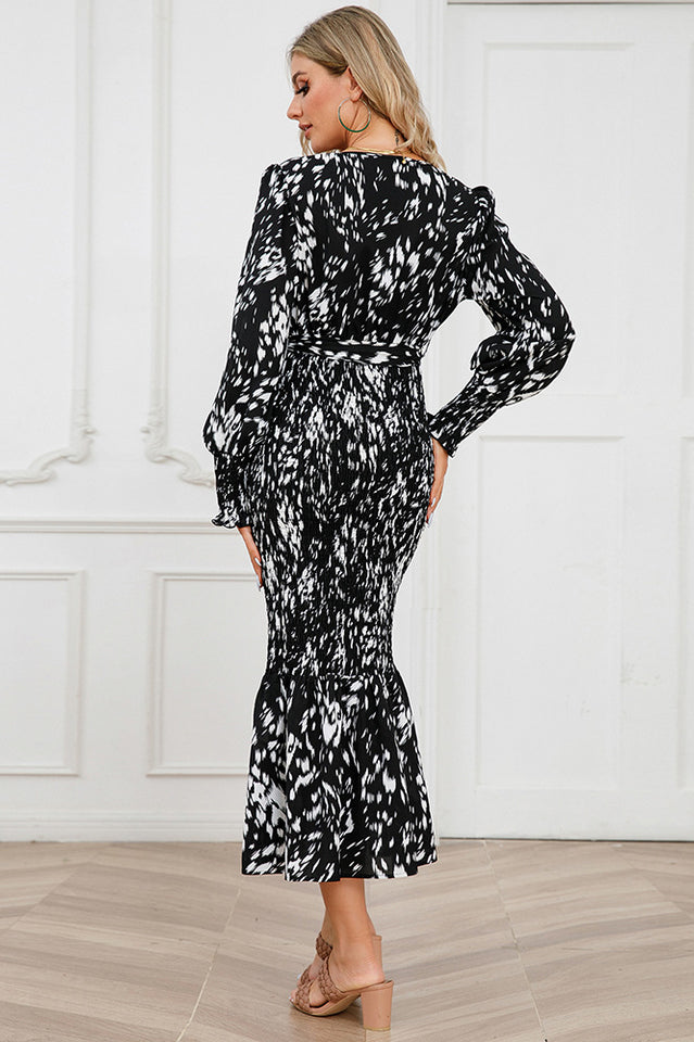 Printed V Neck Smocked Midi Dress