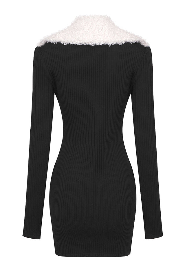 Fluffy Collared Zip Detailed Knit Dress
