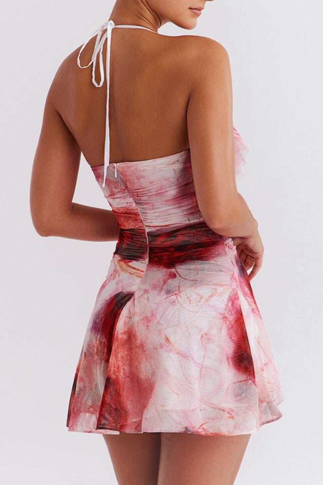 Rose Print Frill Halter Mini Dress