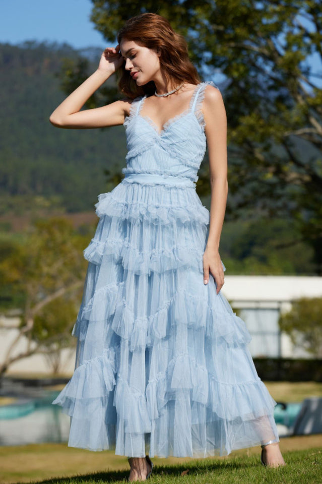 Ruffle V Neck Tiered Tulle Evening Dress