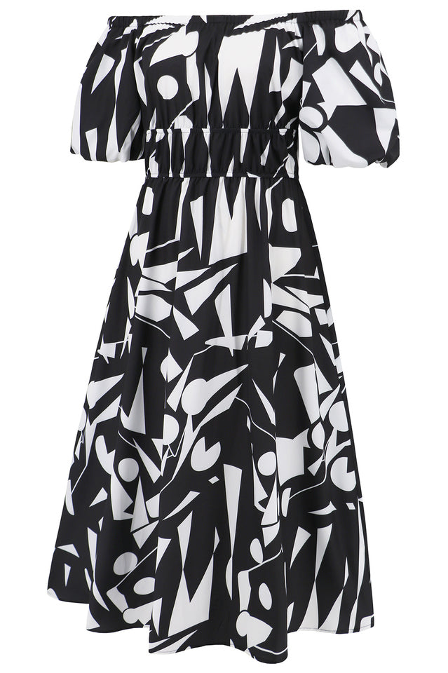 Printed Off Shoulder Balloon Sleeve Dress