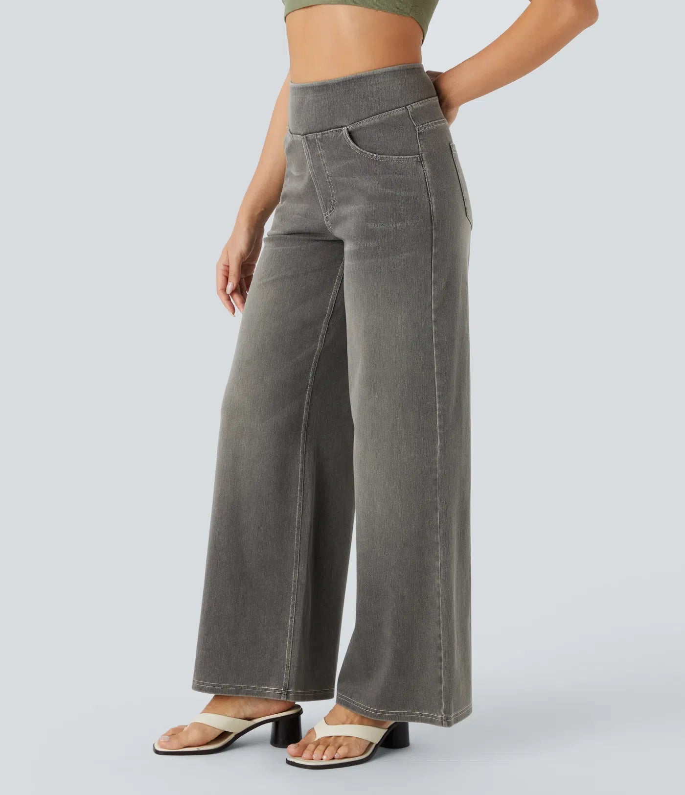 High Waisted Multiple Pockets Baggy Wide Leg Washed Stretchy Knit Casual Jeans