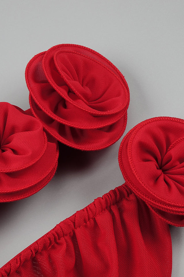 Rose-Appliqué Ruched Mini Dress