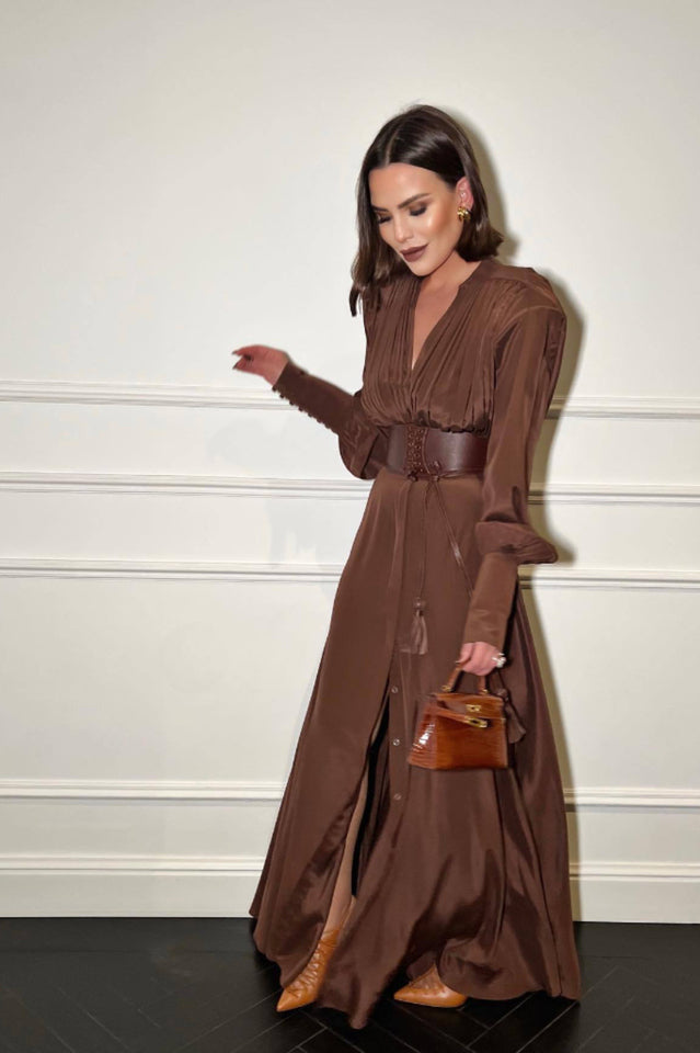 Rosey Tan Maxi Dress With Waist Belt