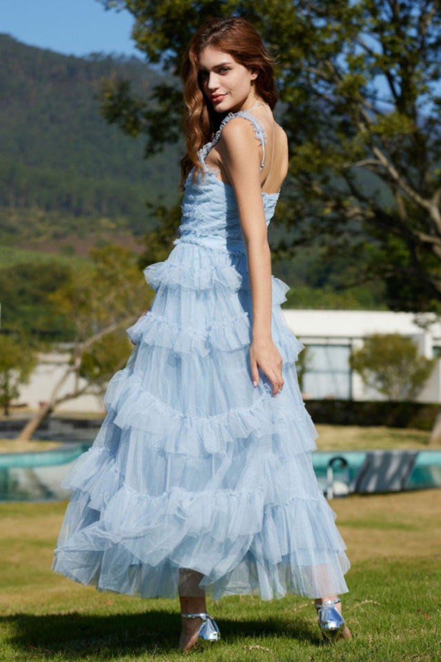 Ruffle V Neck Tiered Tulle Evening Dress