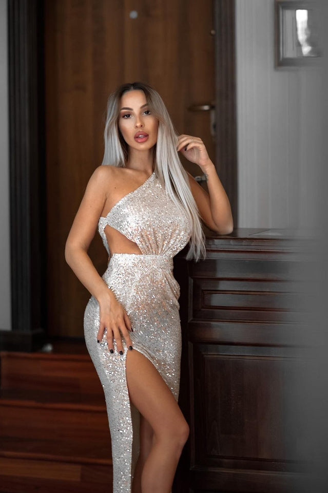 One Shoulder Sequins Cut Out Split Maxi Dress