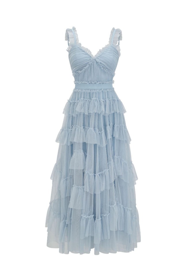 Ruffle V Neck Tiered Tulle Evening Dress