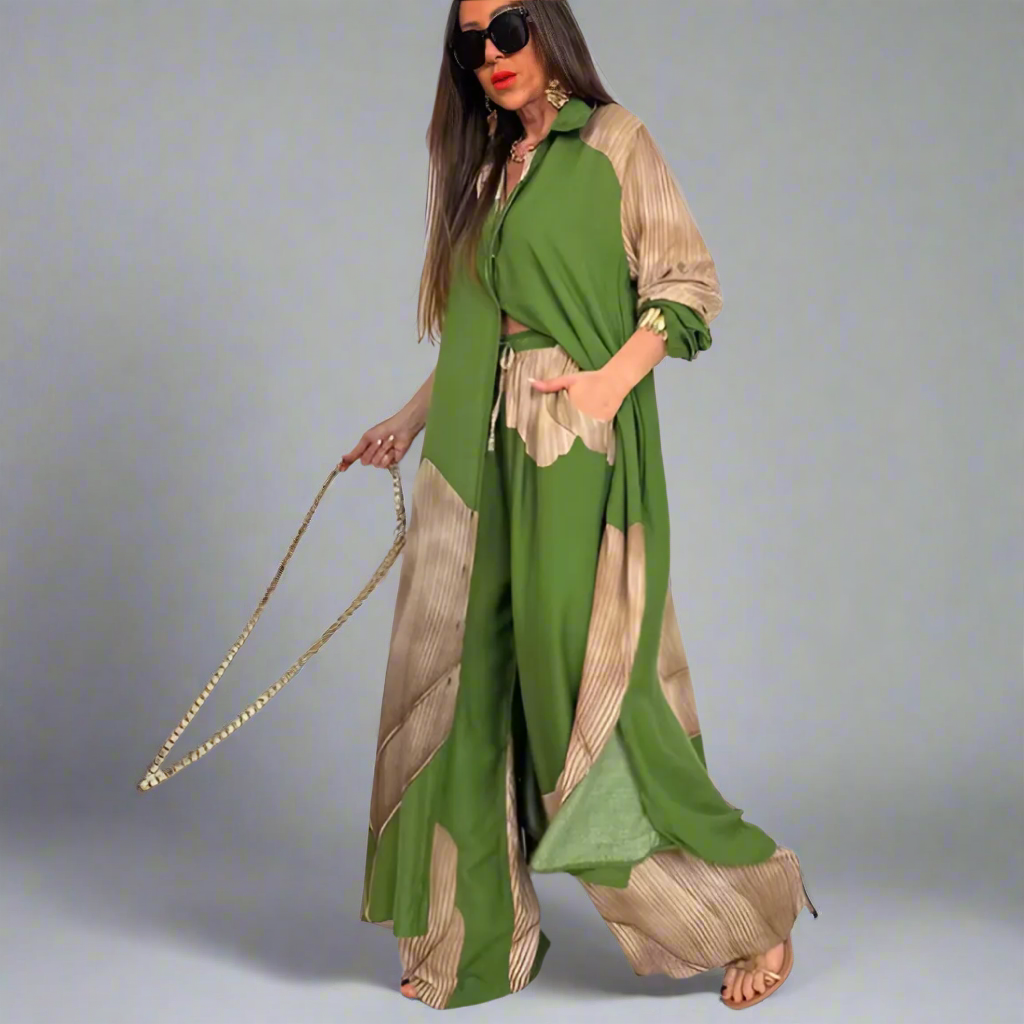 Printed mid-length top and wide-leg pants two-piece set