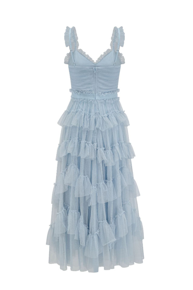 Ruffle V Neck Tiered Tulle Evening Dress