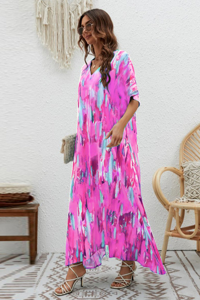 Print Short Sleeve Wide Hem Maxi Dress