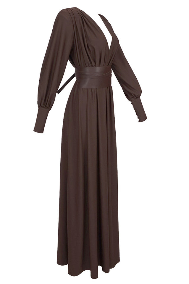 Rosey Tan Maxi Dress With Waist Belt