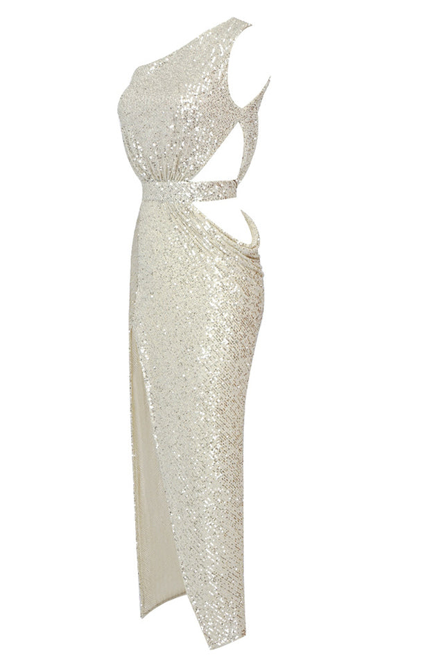 One Shoulder Sequins Cut Out Split Maxi Dress