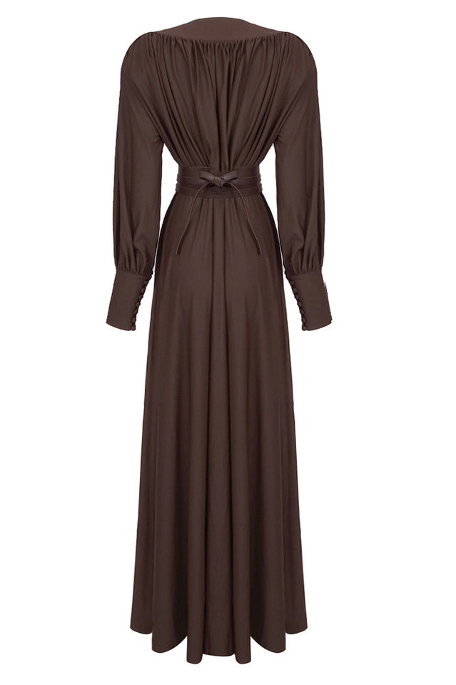 Rosey Tan Maxi Dress With Waist Belt