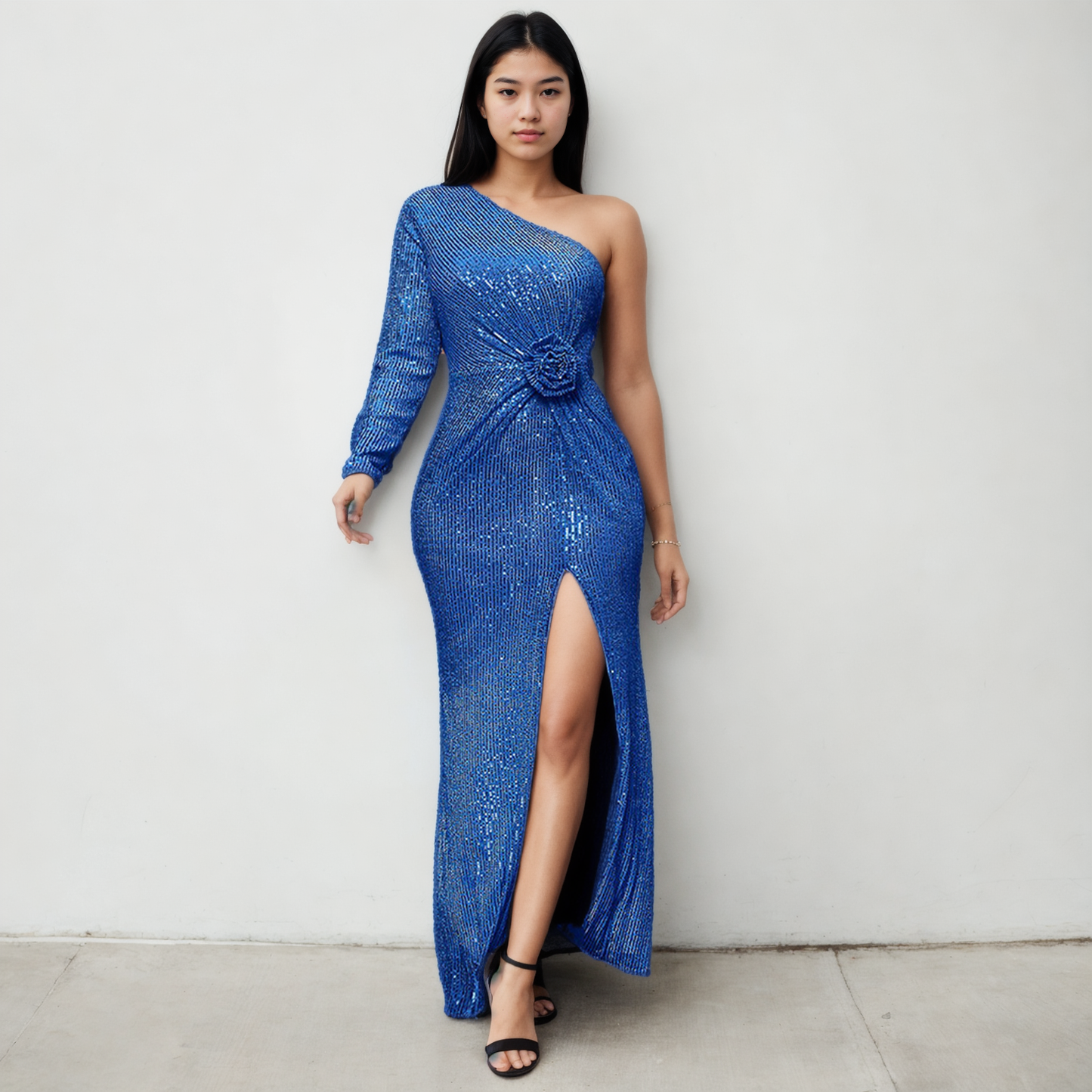 Blossom Glamour: Sequined One-Shoulder Diagonal Collar Pleated Floral Dress