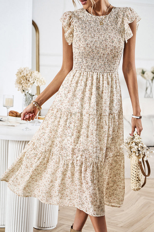 Floral Print Smocked Round Neck Casual Dress