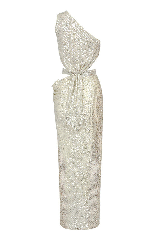 One Shoulder Sequins Cut Out Split Maxi Dress