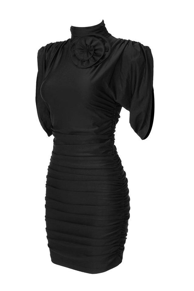 Rose-appliqué Ruched Jersey Minidress