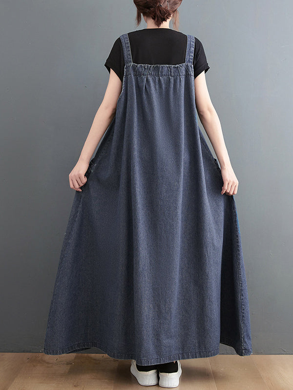 Vintage Loose Artistic Retro Solid Color Strap Denim Midi Dress