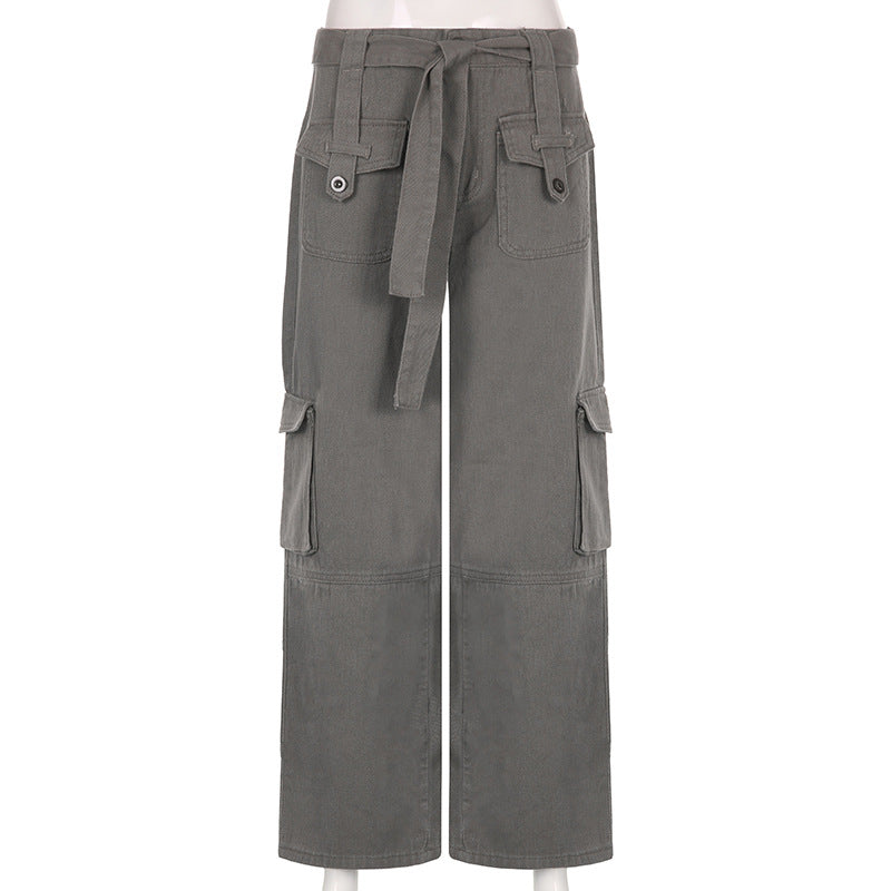 Belted Baggy Denim Cargo Jeans