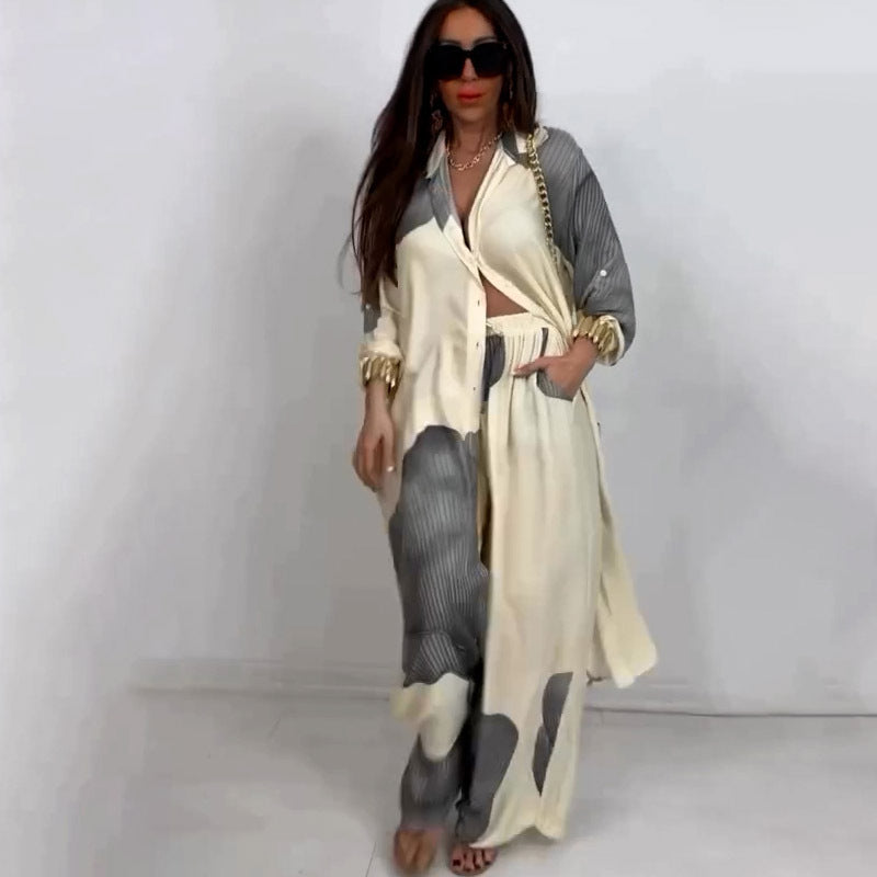 Printed mid-length top and wide-leg pants two-piece set