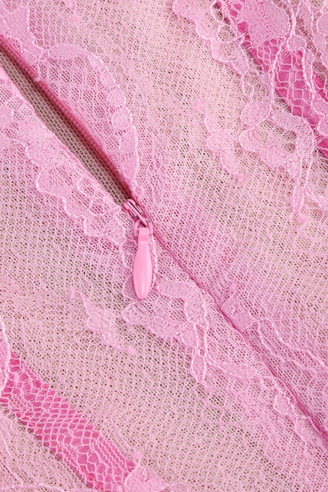 Queena Strapless Feather Trim Lace Dress