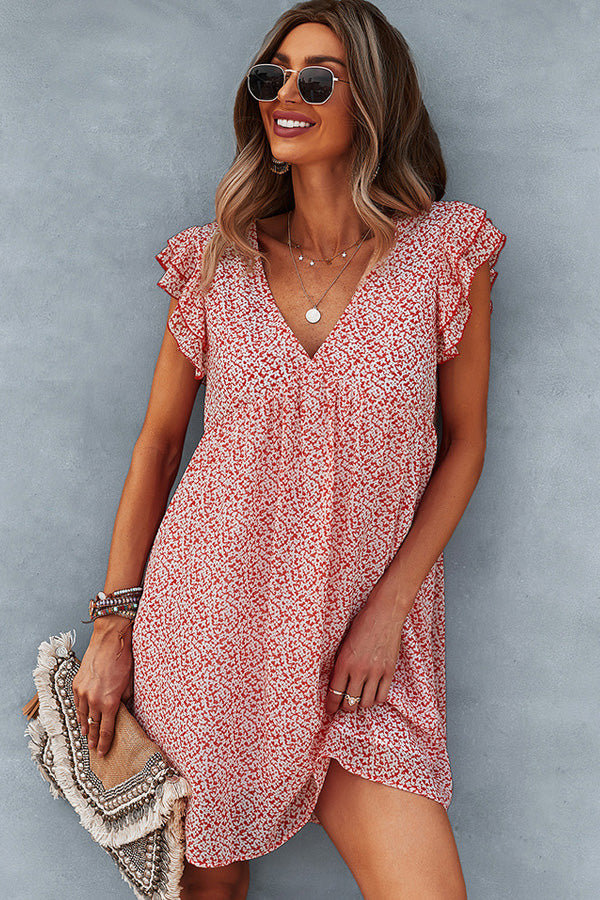 Ruffled Flower Print V Neck Cusual Dress
