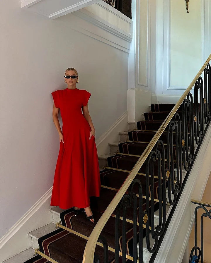 Round Neck Solid Color Split Maxi Dress