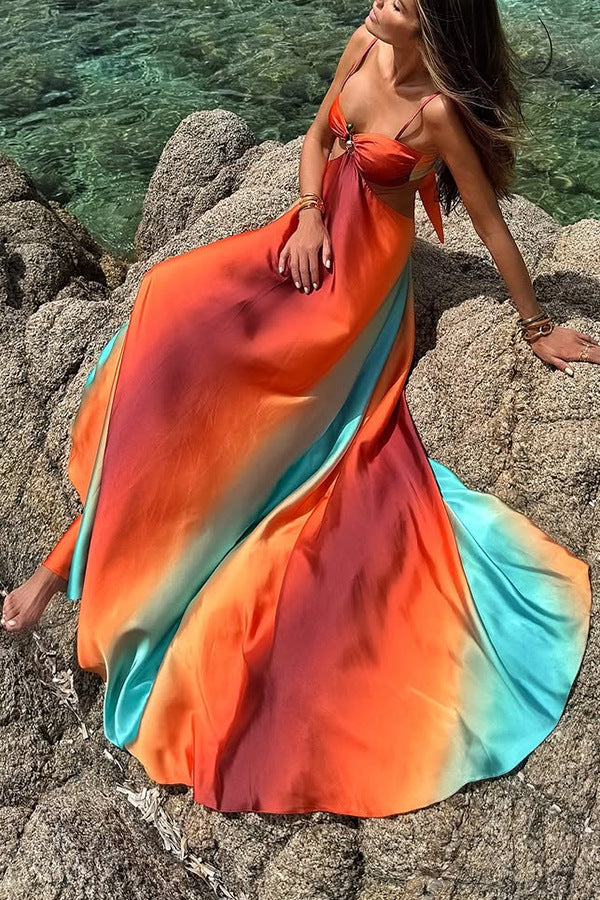 Neon Sunset Printed Metal Decoration Cutout Back Tie-up Vacation Maxi Dress