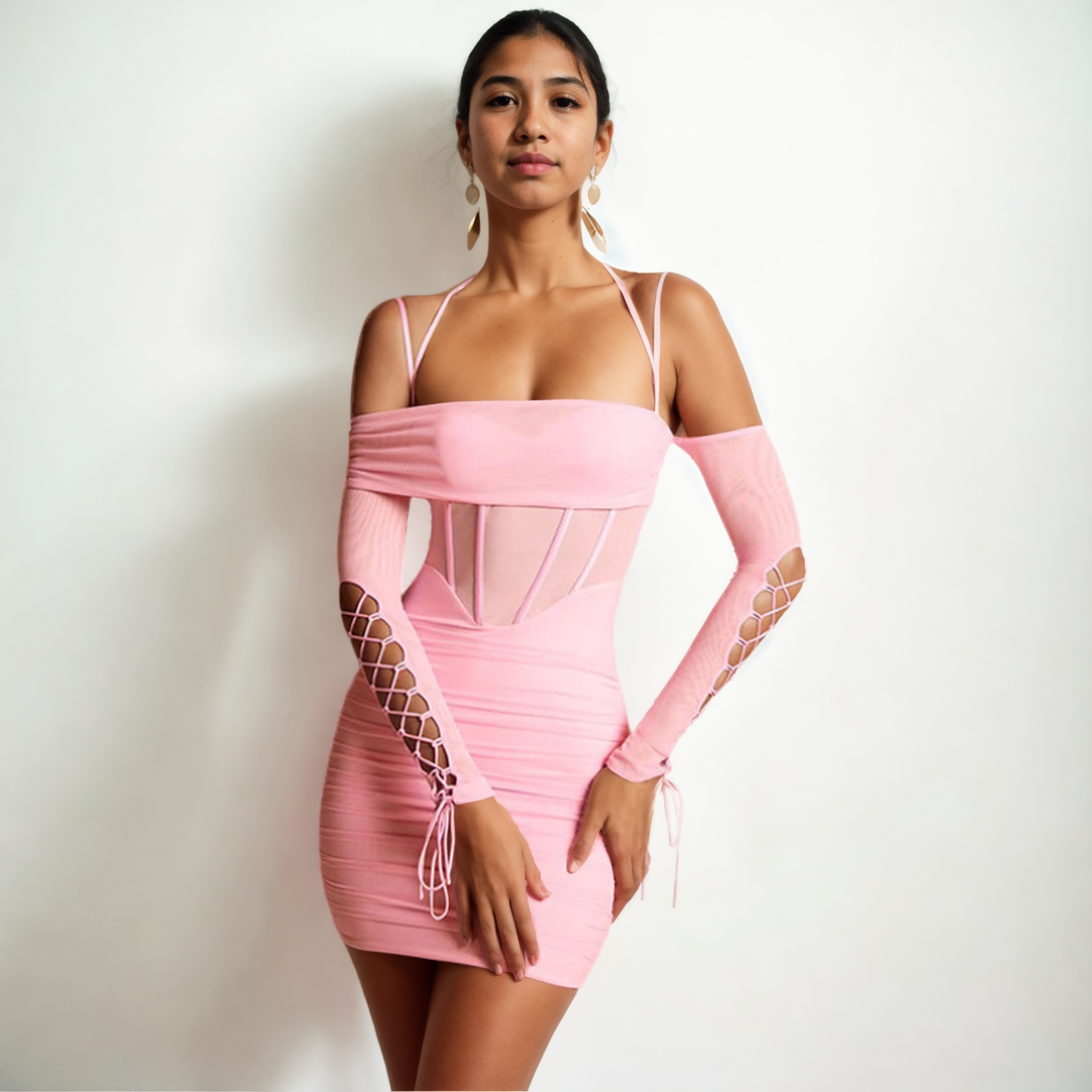 Sculpted Spring: Mesh Bandage Dress with Pleated Waist for a Flattering Silhouette