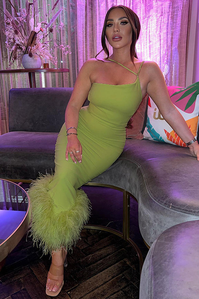 One Shoulder Halter Fur Swing Dress