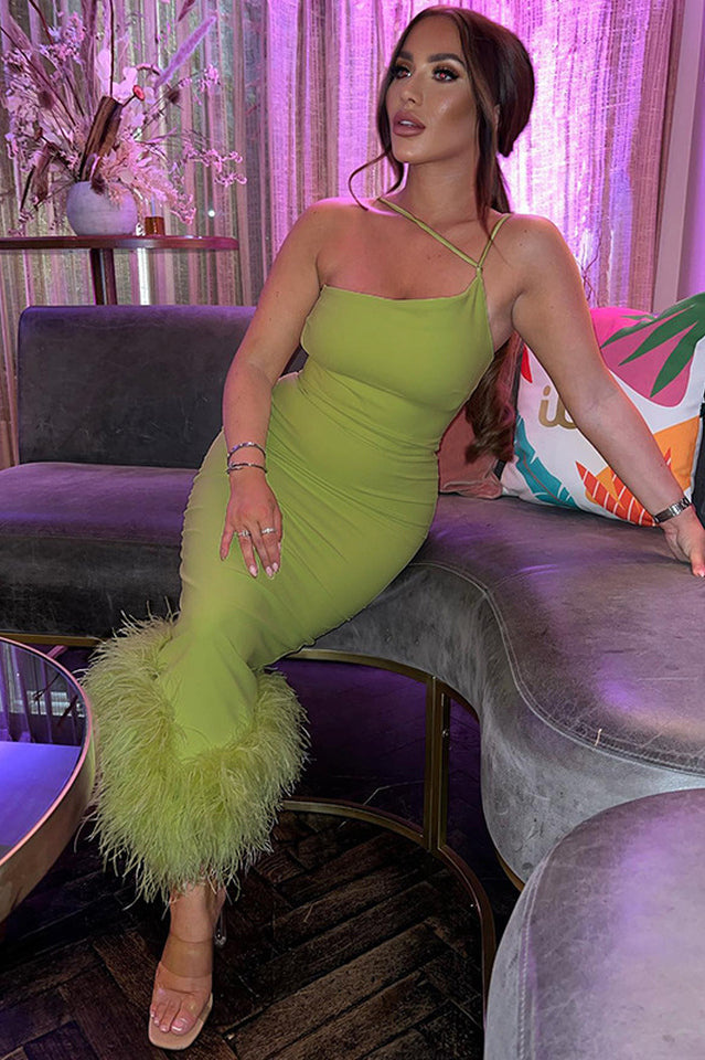 One Shoulder Halter Fur Swing Dress