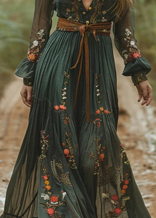 Retro V-neck Floral Women's Long-sleeved Long Skirt Country Pastoral Retro Dress